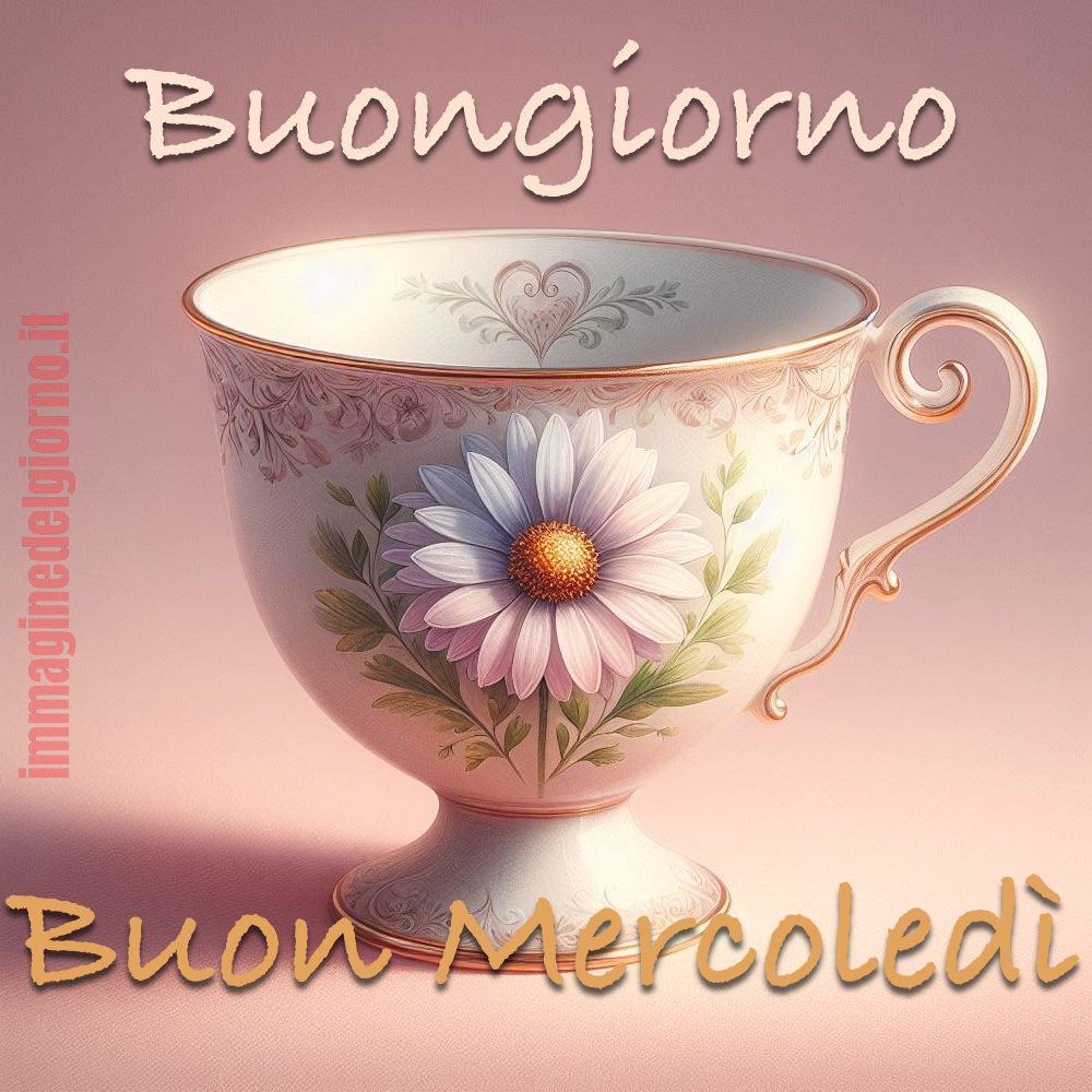 Il messaggio del buon Mercoledì con una tazza da té vintage e decorata con una margherita.